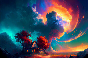 Fantasy night scenery with a house and trees against the beatiful clouds, river and mountains, ai illustration