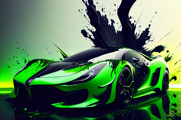 a wallpaper rich of elegant color, liquid black green neon car, merged, 8k, ultra high definition, Generative Ai