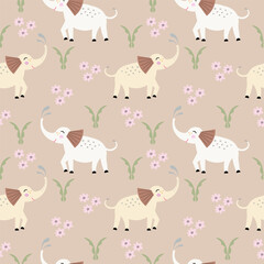 Cute repeated childish seamless pattern with elephants.Boho style. Cartoon elephants,flowers and plants in a repeating pattern.Hand drawn ornament for textile,banner,wrapping paper, packaging design