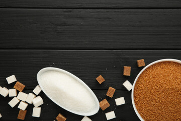 White and brown sugar in bowl on dark background. Vertical photo.