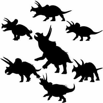Vector silhouettes of triceratops or T-rex, brontosaurus or pterodactyl and stegosaurus, pteranodon or ceratosaurus and parasaurolophus reptile
