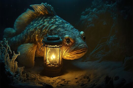 a monk fiish with a lit lantern in the deep of the ocean illustration generative ai