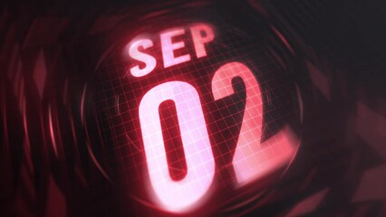 2 September in 3d motion graphic. Infrared calendar in futuristic and tech glowing neon for takes, commemoratives in led and etc. 4k in loop