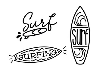 Surf. Minimal vector logo. Summer illustration. Surfboard set design badge, sign. Black and white icon surfing on waves. Typography lettering logo with silhouette of surfboard. Tee, t-shirt design.