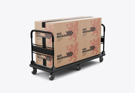 Warehouse Trolley With Boxes Mockup