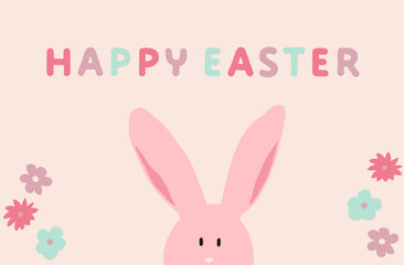 Close-up of pink rabbit peeking surrounded with pastel flowers and happy Easter message.