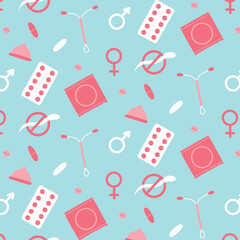 Seamless pattern with contraceptives. Vector illustration. Flat style. Medical print. Pattern with pill condoms.
