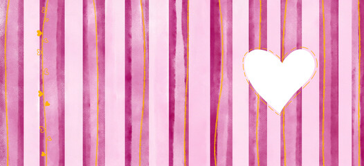 A watercolor header for web with hearts. Pink striped background. Valentine's greeting card.