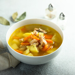 Traditional homemade fish soup with vegetables