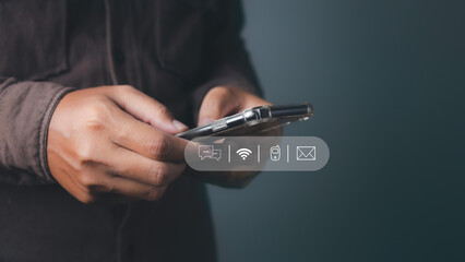 Businessman access contact connect online by smartphone with contact icons.