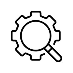 Gears with magnifier line icon. Mechanism, wheels, construct, build, device, mechanical, engine, lock, builder, technology. Construction concept. Vector line icon on white background