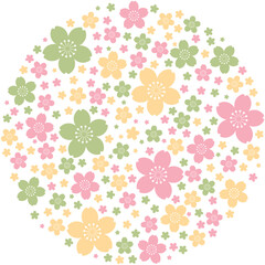 雄しべ付き桜シルエットで埋め尽くされた円形フレームのイラスト（ピンク・黄緑・黄色）