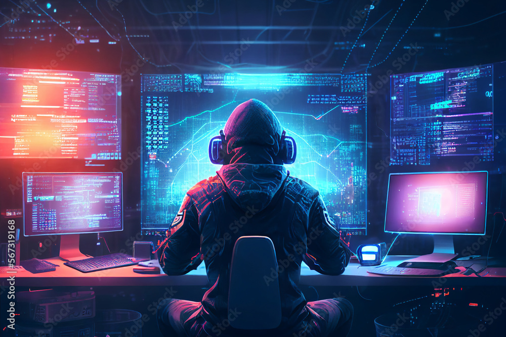 Wall mural male technician sitting facing a virtual environment with big data and an artificial intelligence ci