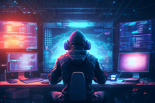 Male Technician Sitting Facing A Virtual Environment With Big Data And An Artificial Intelligence Circuit Board Outlining Concepts Of A Digital Brain, Computer Generative AI Stock Illustration