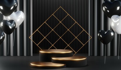 3d render of abstract realistic studio room with Luxury round pedestal stand podium with golden glitter in shape backdrop. Luxury black friday sale scene for product display presentation background