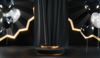 3d render of abstract realistic studio room with Luxury round pedestal stand podium with golden glitter in shape backdrop. Luxury black friday sale scene for product display presentation background