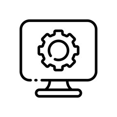 Computer monitor with a gear line icon. Settings, control panel, adjust, laptop, configuration, personal, service centre. Vector line icon on white background