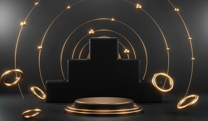 3d render of abstract realistic studio room with Luxury round pedestal stand podium with golden glitter in shape backdrop. Luxury black friday sale scene for product display presentation background