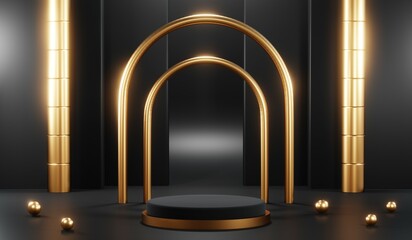 3d render of abstract realistic studio room with Luxury round pedestal stand podium with golden glitter in shape backdrop. Luxury black friday sale scene for product display presentation background