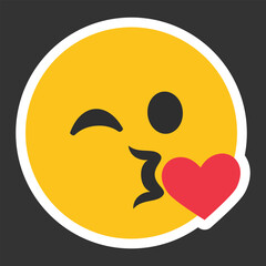 Face Blowing a Kiss vector icon. Isolated yellow face winking with puckered lips blowing a kiss, depicted as a small, red heart. Goodbye, good night, kiss sign sticker. 