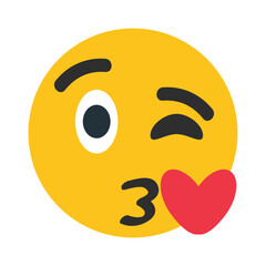 Face Blowing a Kiss vector icon. Isolated yellow face winking with puckered lips blowing a kiss, depicted as a small, red heart. Goodbye, good night, kiss sign sticker. 