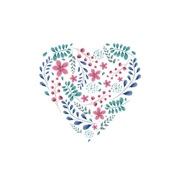 Beautiful set of watercolor flowers forming a heart to congratulate the day of lovers. Valentine's Day greeting card