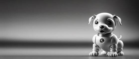 Cute robotic puppy isolated on large empty background. White happy little dog robot. Futuristic pet assistant powered by artificial intelligence. Generative ai