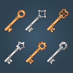 Icons set for isometric game elements, colorful isolated vector illustration of Bronze and silver keys for abstract flat game concept