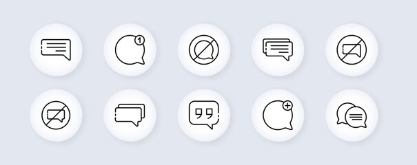 Speech bubble set icon. Correspondence, chat, support, information, message, notification, silence, mute, mail. Neomorphism style. Vector line icon for Advertising