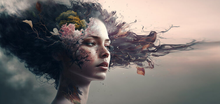 Conceptual Imaginative portraits evoking different moods, emotions and feelings. Surreal woman with natural elements over her face. Generative ai