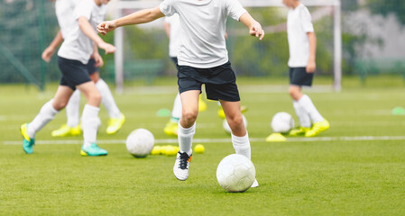 Children on Soccer Training. Group of Young Boys Kicking Football Balls on Grass Field. Anonymous Group of Kids practicing Soccer at School Field