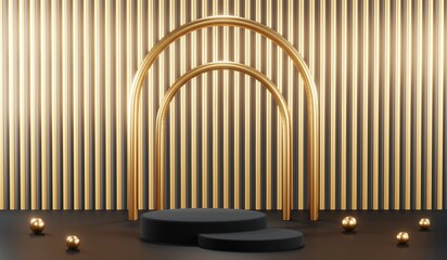 3d render of abstract realistic studio room with Luxury round pedestal stand podium with golden glitter in shape backdrop. Luxury black friday sale scene for product display presentation background