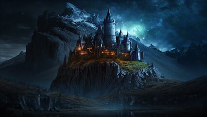 fantasy castle night in the mountains