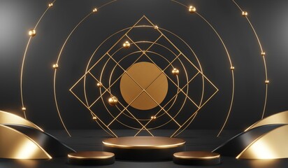 Naklejka premium 3d render of abstract realistic studio room with Luxury round pedestal stand podium with golden glitter in shape backdrop. Luxury black friday sale scene for product display presentation background