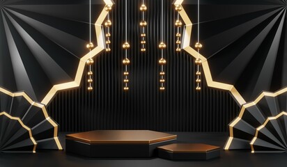 3d render of abstract realistic studio room with Luxury round pedestal stand podium with golden glitter in shape backdrop. Luxury black friday sale scene for product display presentation background