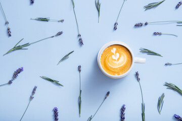 Coffee cup and pattern from lavender flowers top view