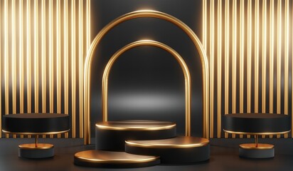 3d render of abstract realistic studio room with Luxury round pedestal stand podium with golden glitter in shape backdrop. Luxury black friday sale scene for product display presentation background