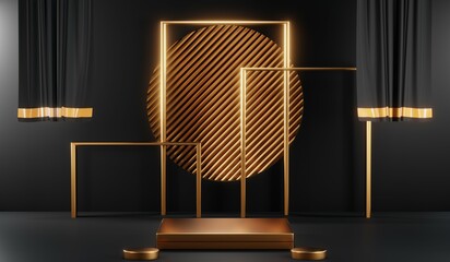 3d render of abstract realistic studio room with Luxury round pedestal stand podium with golden glitter in shape backdrop. Luxury black friday sale scene for product display presentation background