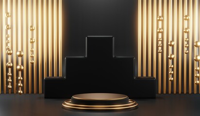 3d render of abstract realistic studio room with Luxury round pedestal stand podium with golden glitter in shape backdrop. Luxury black friday sale scene for product display presentation background