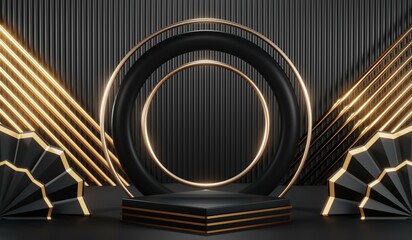3d render of abstract realistic studio room with Luxury round pedestal stand podium with golden glitter in shape backdrop. Luxury black friday sale scene for product display presentation background
