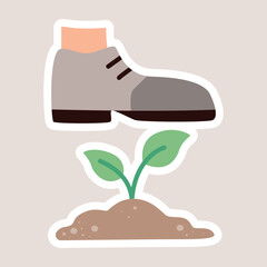 Foot in a boot stepping on a green plant in the ground. Environmental damage concept. Vector isolated sticker.