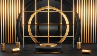 3d render of abstract realistic studio room with Luxury round pedestal stand podium with golden glitter in shape backdrop. Luxury black friday sale scene for product display presentation background