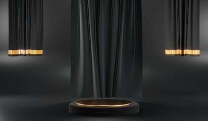 3d render of abstract realistic studio room with Luxury round pedestal stand podium with golden glitter in shape backdrop. Luxury black friday sale scene for product display presentation background