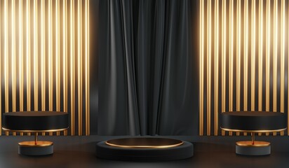 3d render of abstract realistic studio room with Luxury round pedestal stand podium with golden glitter in shape backdrop. Luxury black friday sale scene for product display presentation background