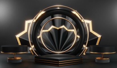 3d render of abstract realistic studio room with Luxury round pedestal stand podium with golden glitter in shape backdrop. Luxury black friday sale scene for product display presentation background