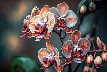 close up orchid flowers branch, Generative Ai