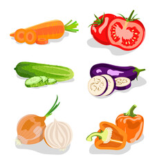 Vegetables vector set illustration. Healthy food. Eggplant,   cucumber, tomato, carrot, onion, bell pepper. Vegeterian