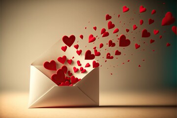 St. Valentine's Day: Love letter. Opened envelope with tiny red hearts flying out. AI