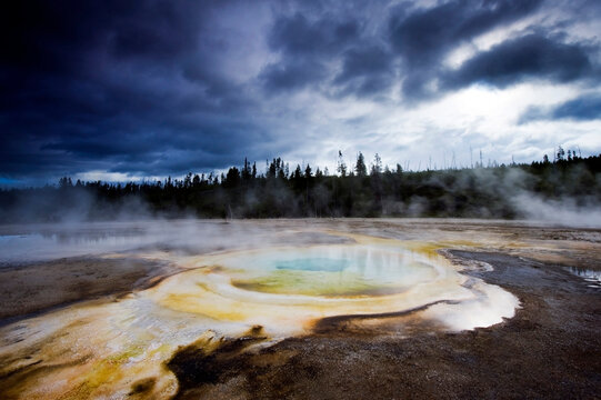 Chromatic Spring on a stormy day in Yellowstone National Park, Wyoming.