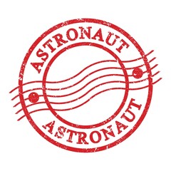 ASTRONAUT, text written on red postal stamp.